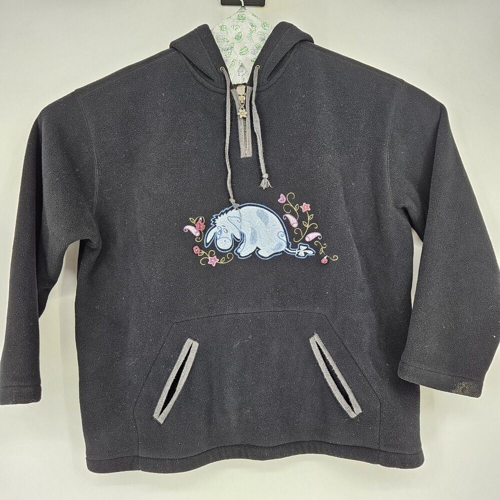 Disney Store Eeyore‎ Hoodie Women Large Sweatshirt Embroidered Quarter Zip Black